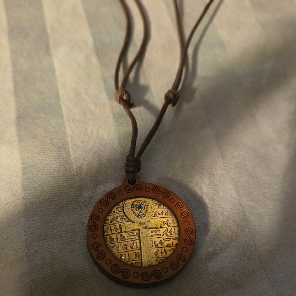 Brown and Gold Egyptian Themed Round Pendant Necklace